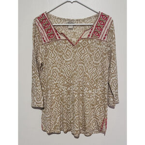 Lucky Brand Boho Top Women’s Large Tan Red Tribal Tunic Embroidered Festival Tee